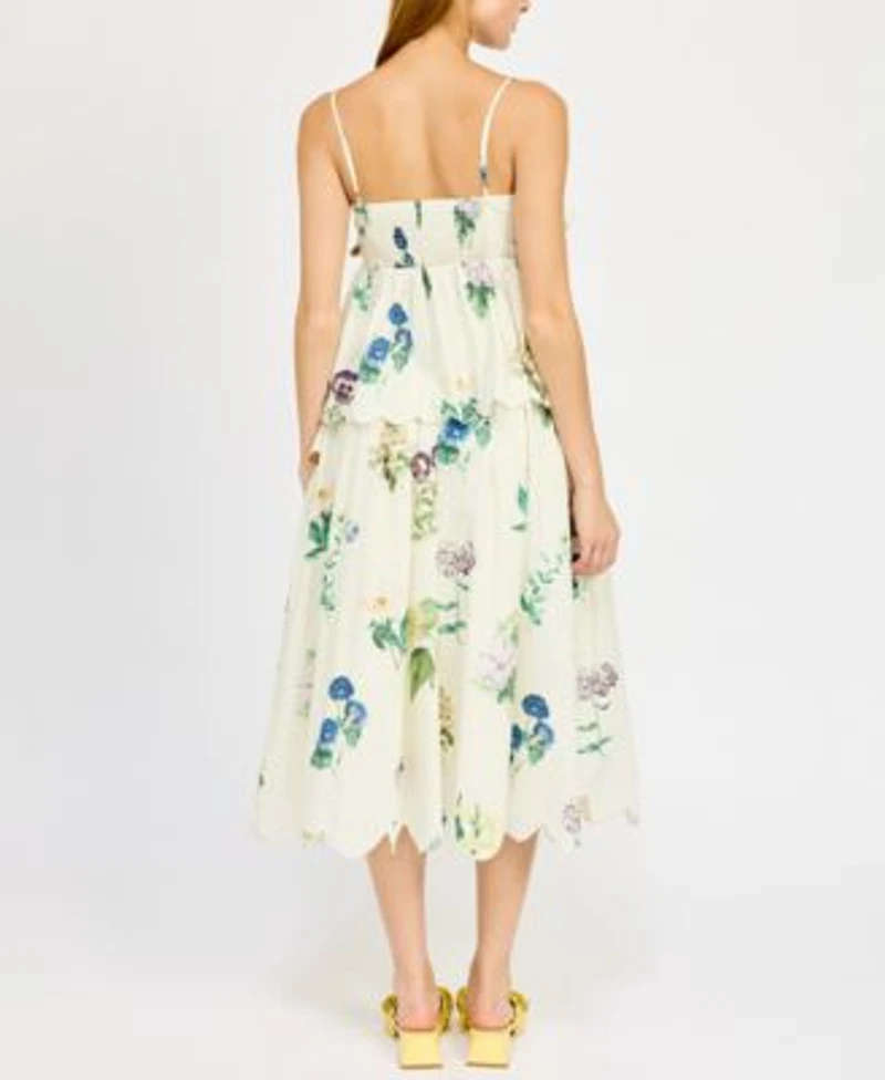 En Saison Womens Ashley Cotton Babydoll Peplum Top Ashley Floral Print Belted Scalloped Hem Cotton Midi Skirt