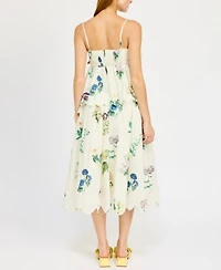 En Saison Womens Ashley Cotton Babydoll Peplum Top Ashley Floral Print Belted Scalloped Hem Cotton Midi Skirt