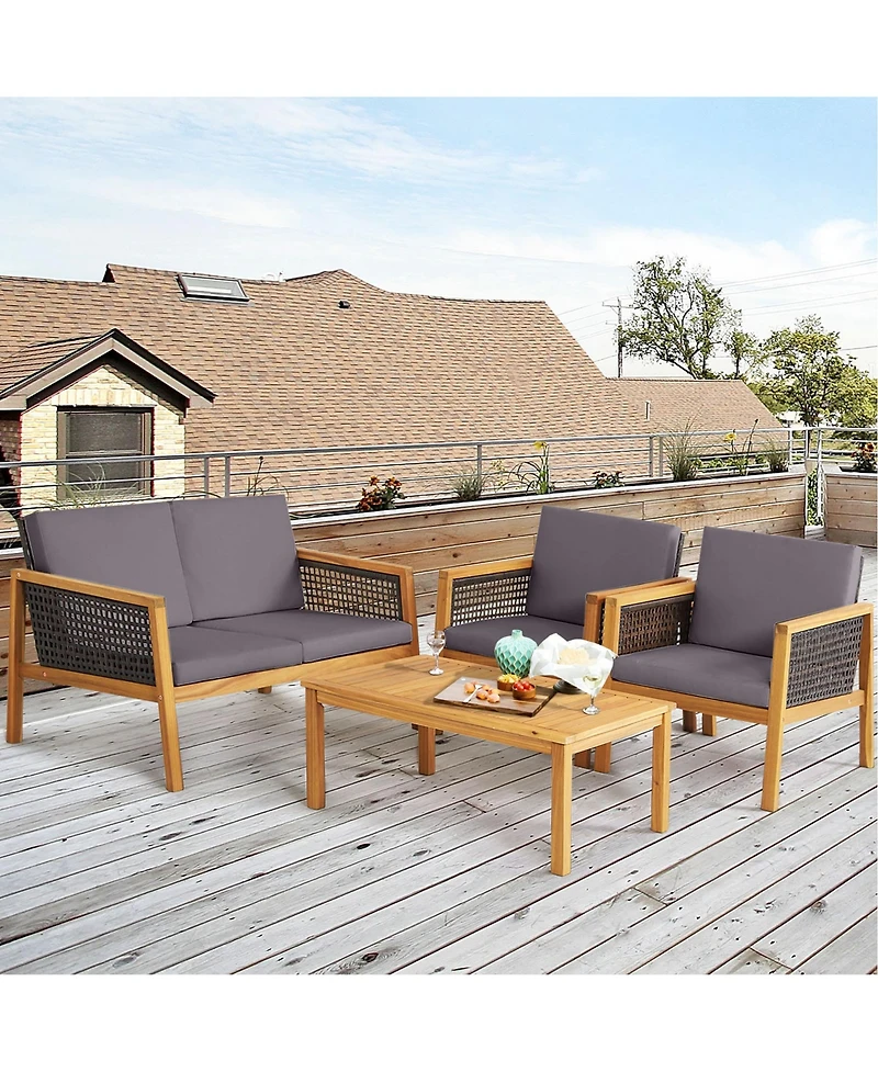 Gymax Piece Patio Pe Rattan Conversation Set Acacia Wood Furniture Set w/ Cushions
