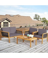 Gymax Piece Patio Pe Rattan Conversation Set Acacia Wood Furniture Set w/ Cushions
