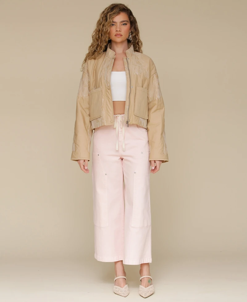 Avec Les Filles Women's Cotton Embroidered Cropped Jacket