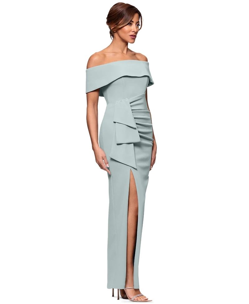 Xscape Petite Off-The-Shoulder-Sleeve Draped Gown