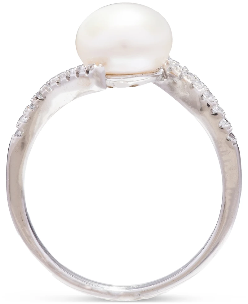 Cultured Freshwater Pearl (8mm) & Cubic Zirconia Bypass Swirl Ring in Sterling Silver