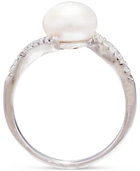 Cultured Freshwater Pearl (8mm) & Cubic Zirconia Bypass Swirl Ring in Sterling Silver