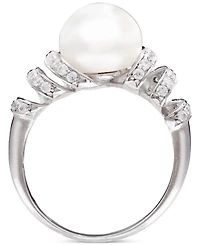 Cultured Freshwater Pearl (10mm) & Cubic Zirconia Swirl Coil Ring Sterling Silver