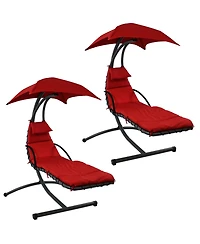 Outdoor Hanging Chaise Floating Lounge Chair with Canopy Umbrella and Arc Stand