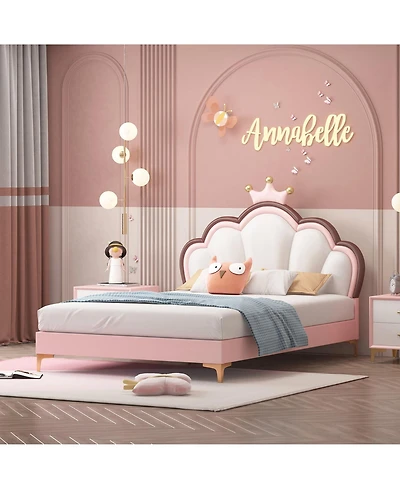 Queen Size Platform Bed Frame with Crown Shaped Headboard, Large Full Children's Bed Frame, Single Double Bed with Pu Leather Headboard