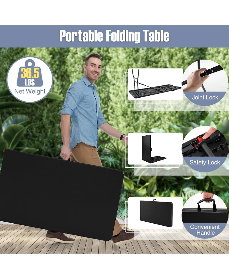 8 ft Portable Folding Table 350 Lbs Fold-in-Half Table with Hdpe Tabletop