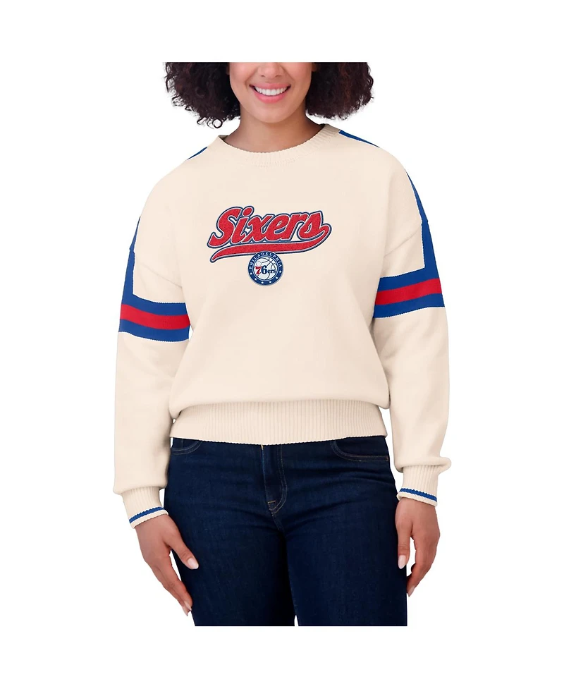 Wear by Erin Andrews Women's Cream Philadelphia 76ers Stripe Pullover Sweater