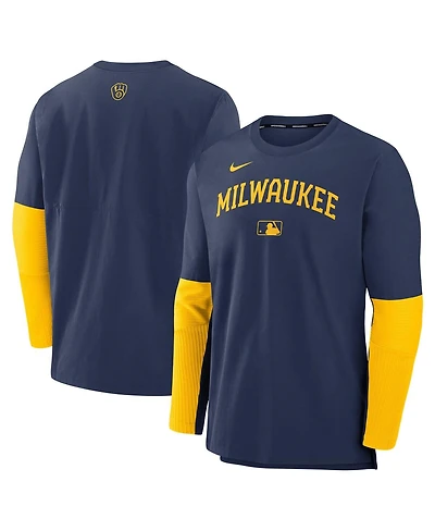 Nike Men's Navy/Gold Milwaukee Brewers Authentic Collection Lightweight Player Tri-Blend Performance Pullover Sweatshirt