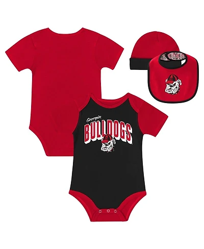 Outerstuff Baby Boys and Girls 3-Piece Georgia Bulldogs Dynamic Duo Bodysuit, Bib and Cuffed with Knit Hat Set