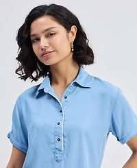 Reistor Women's Drawstring Denim Shirt Dress with Front Buttons Blue