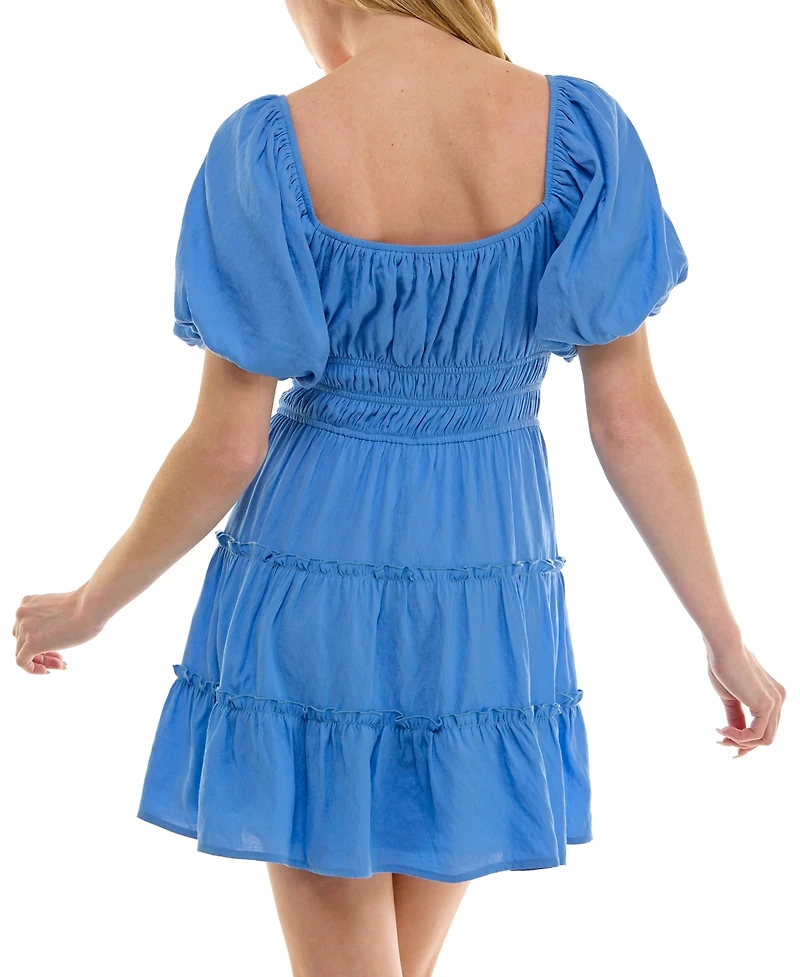 Trixxi Juniors' Bubble-Sleeve Tie Front Tiered Dress