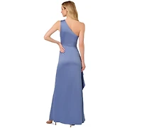 Adrianna Papell Women's One-Shoulder Ruffle-Trim Satin Crepe Gown