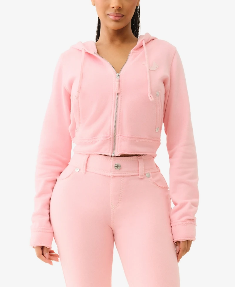 True Religion Women's Raw Edge Big T Shrunken Hoodie Sweatshirt