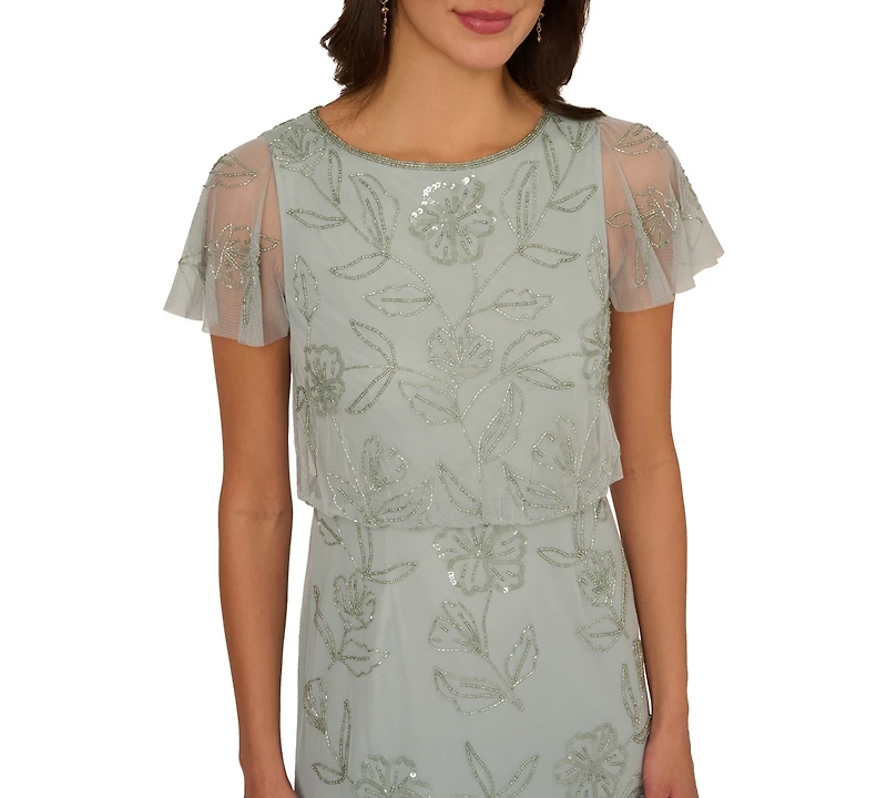 Adrianna Papell Petite Aqua Dust Boat-Neck Beaded Dress