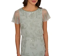 Adrianna Papell Petite Aqua Dust Boat-Neck Beaded Dress