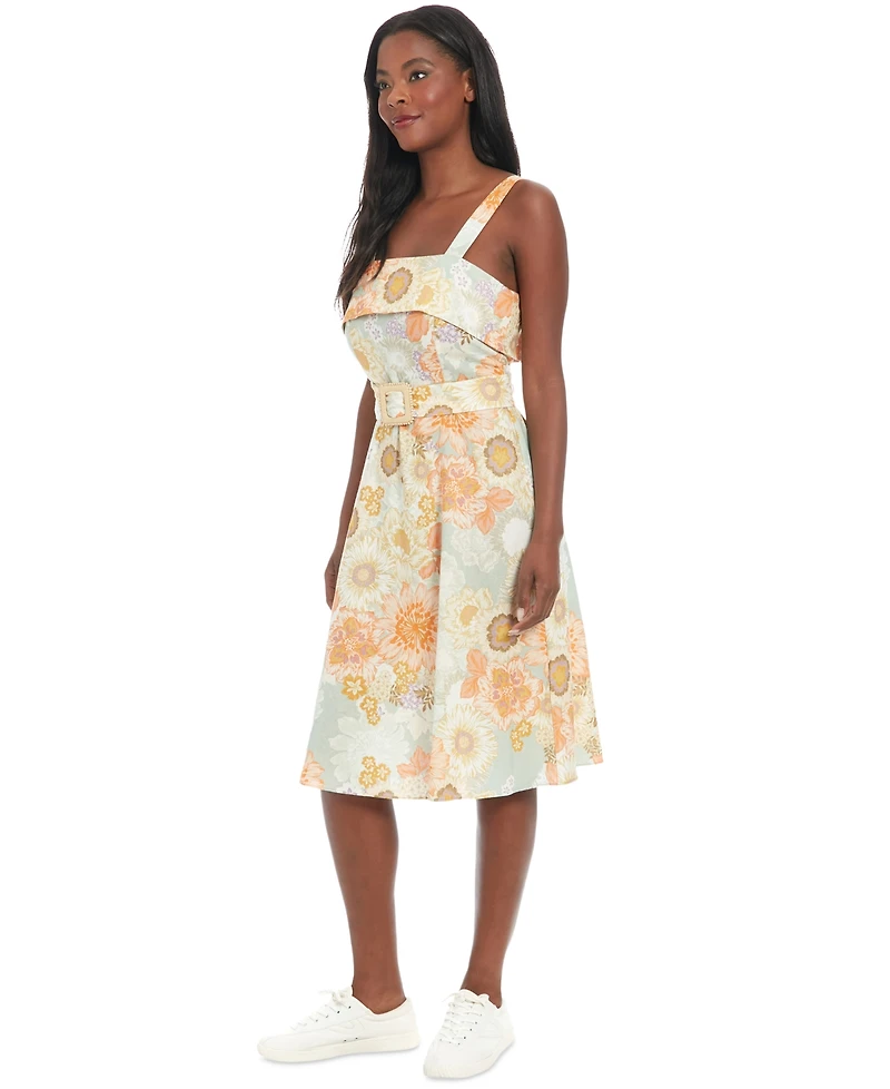 London Times Women's Printed Belted Sleeveless Midi Dress