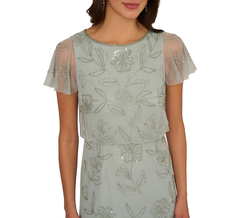 Adrianna Papell Women's Beaded Blouson Flutter-Sleeve Dress