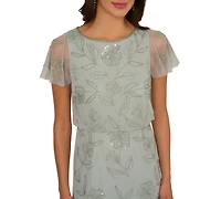 Adrianna Papell Women's Beaded Blouson Flutter-Sleeve Dress