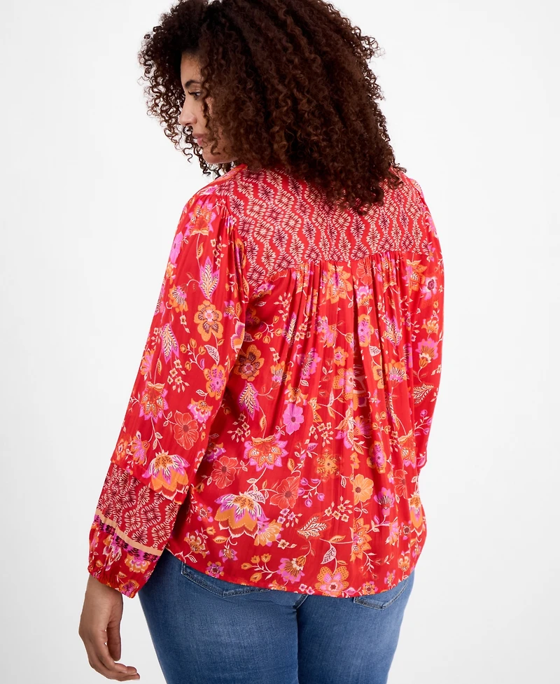 Liverpool Plus Printed Blouson-Sleeve Button-Front Blouse