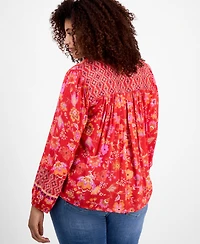 Liverpool Plus Printed Blouson-Sleeve Button-Front Blouse