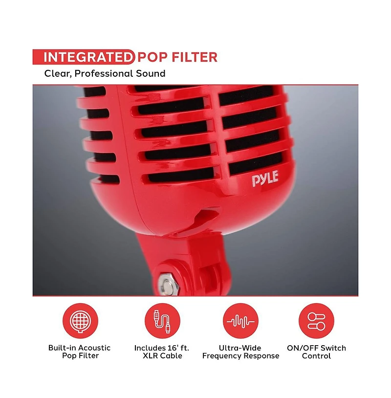 Pyle Classic Retro Dynamic Vocal Microphone – Vintage Style with 16' Xlr Cable (Red)
