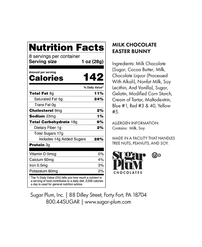 Sugar Plum Chocolates Milk Chocolate Solid Easter Bunny, 8oz