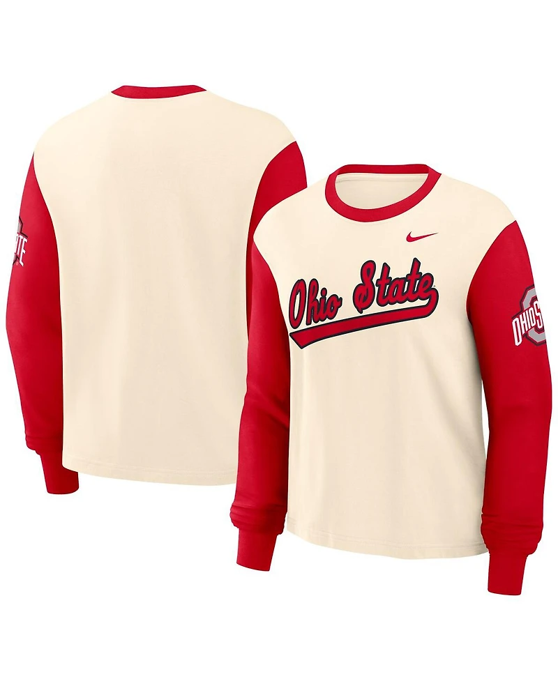 Nike Women's Natural/Scarlet Ohio State Buckeyes Color Block Boxy Long Sleeve T-Shirt