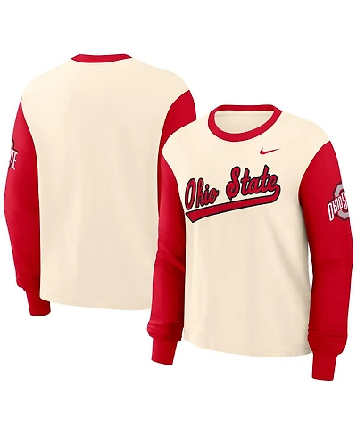 Nike Women's Natural/Scarlet Ohio State Buckeyes Color Block Boxy Long Sleeve T-Shirt