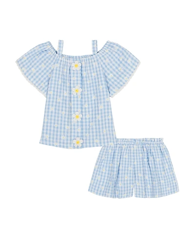 Kids Headquarters Toddler and Little Girls 2-Piece Daisy Gingham Drop Top Needle Knit Shorts Set