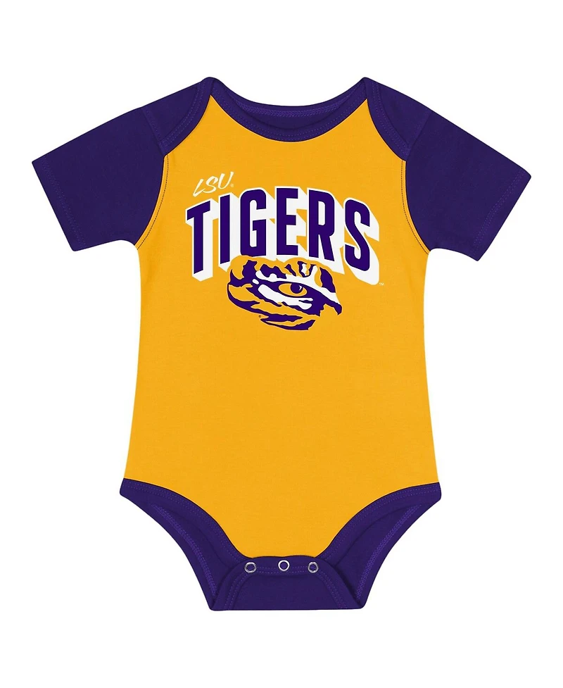 Outerstuff Baby Boys and Girls Lsu Tigers Dynamic Duo Bodysuit, Bib Cuffed Knit Hat Set