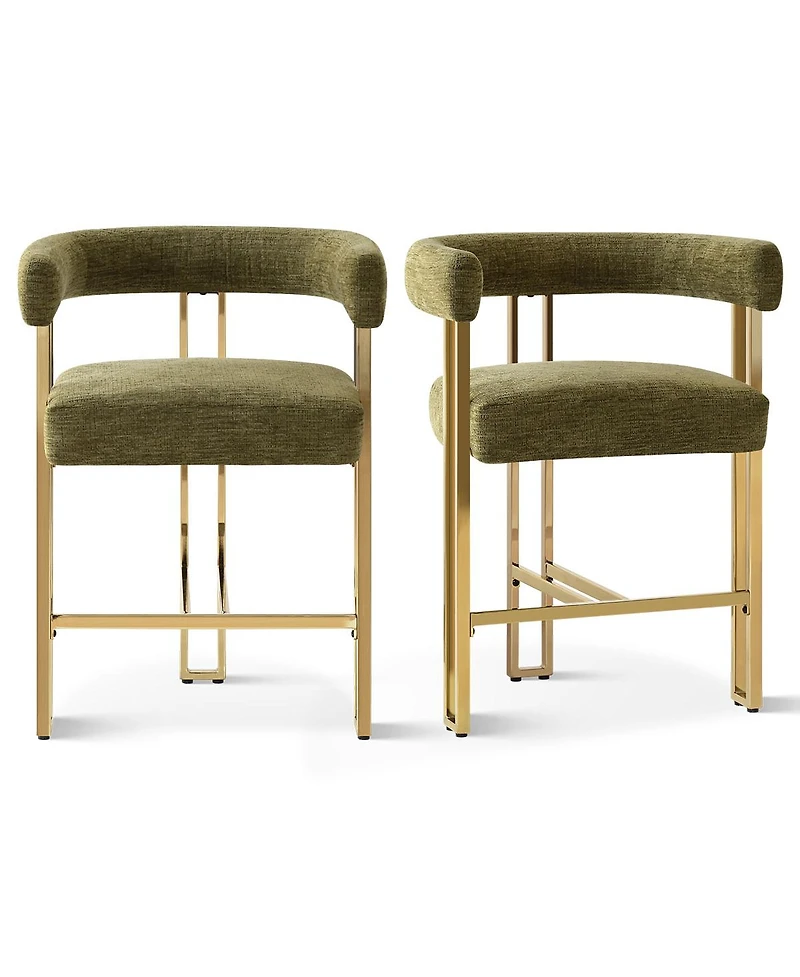 Set of 2 Counter Height Stools, 25" Upholstered Chairs with Gold Metal Legs, Curved Back & Armrests-Maison Boucle