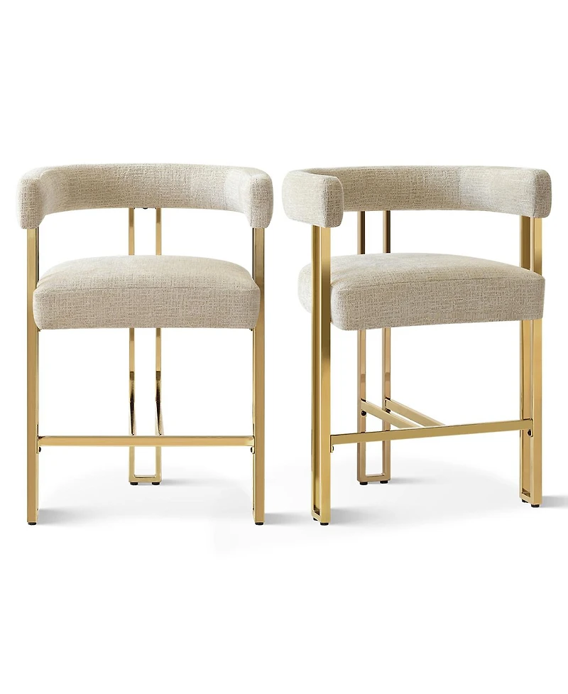 Set of 2 Counter Height Bar Stools, 25" Upholstered Chairs with Gold Metal Legs, Curved Back & Armrests-Maison Boucle