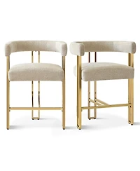 Set of 2 Counter Height Bar Stools, 25" Upholstered Chairs with Gold Metal Legs, Curved Back & Armrests-Maison Boucle