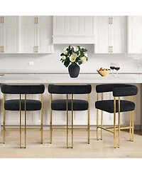 Set of 3 Counter Height Bar Stools, Chenille Upholstered Chairs with Gold Metal Legs-Maison Boucle