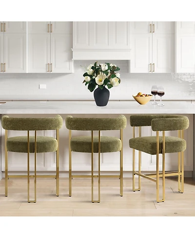 Set of 3 Counter Height Stools, Chenille Upholstered Chairs with Gold Metal Legs-Maison Boucle