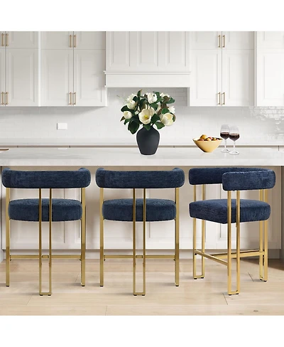 Set of 3 Counter Height Stools, Chenille Upholstered Chairs with Gold Metal Legs-Maison Boucle