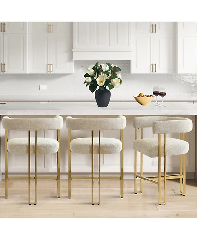Set of 3 Counter Height Bar Stools, Chenille Upholstered Chairs with Gold Metal Legs-Maison Boucle
