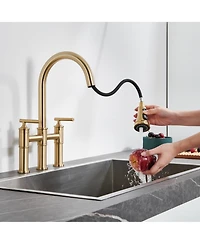 Bridge Kitchen Faucet with Pull Down Sprayer 3 Holes Double Handle Brass Faucets, Brushed Nickel