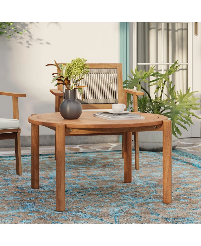 LuxenHome Natural Wooden Outdoor Coffee Table, Round Solid Wood Patio Table