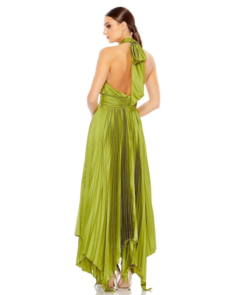 Mac Duggal Women's Pleated Halter Neck Asymmetrical Hem Gown