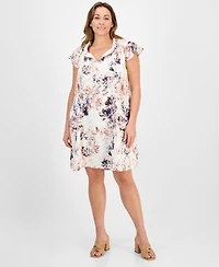 Robbie Bee Plus Floral-Print Tie-Neck Shift Dress