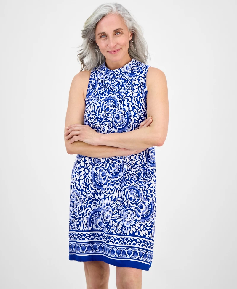 Robbie Bee Petite Tie-Back Mock Neck Printed Shift Dress