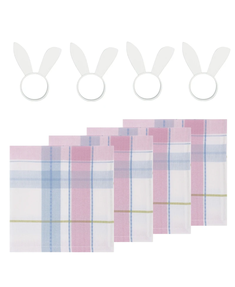 Design Imports Oh Hoppy Day Plaid Cotton Napkin and Napkin Ring, Set of 8