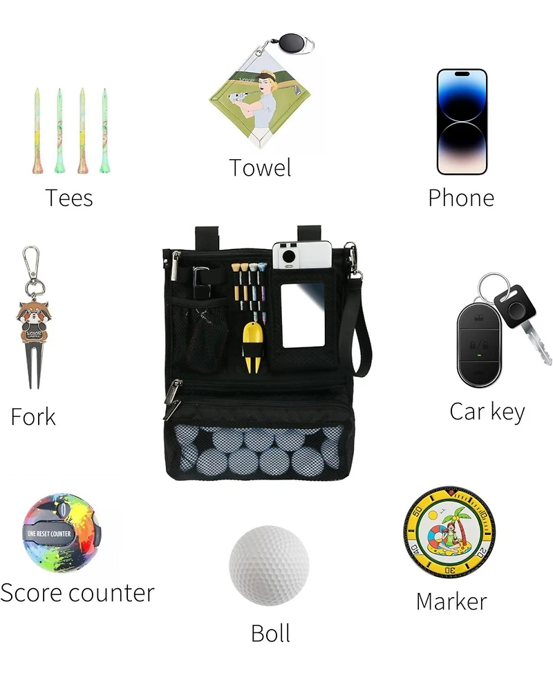 Wosofe Golf Cart Hanging Bag Lightweight Folding Storage Portable Accessories with Adjustable Strap 1 Divot Tool and 4 Tees Unisex