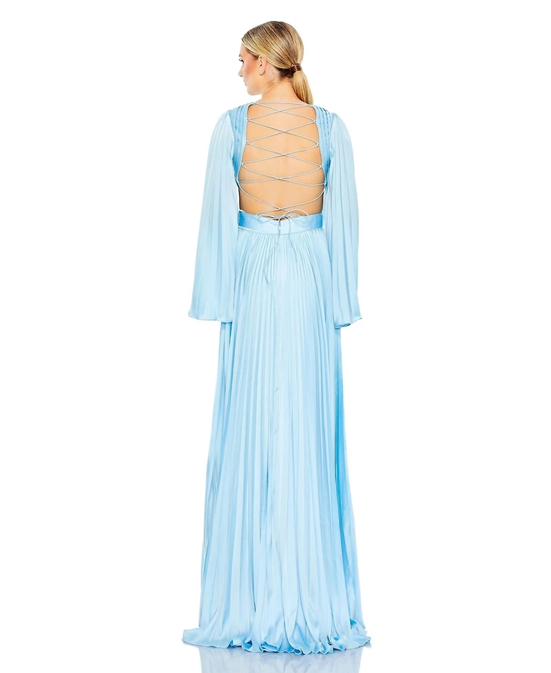 Mac Duggal Women's Long Sleeve Lace up Back Charmeuse Gown