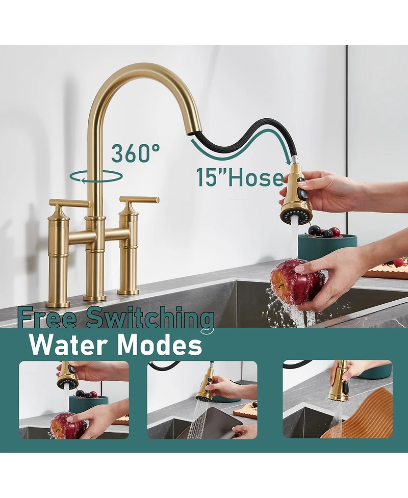 Bridge Kitchen Faucet with Pull Down Sprayer 3 Holes Double Handle Brass Faucets, Brushed Nickel