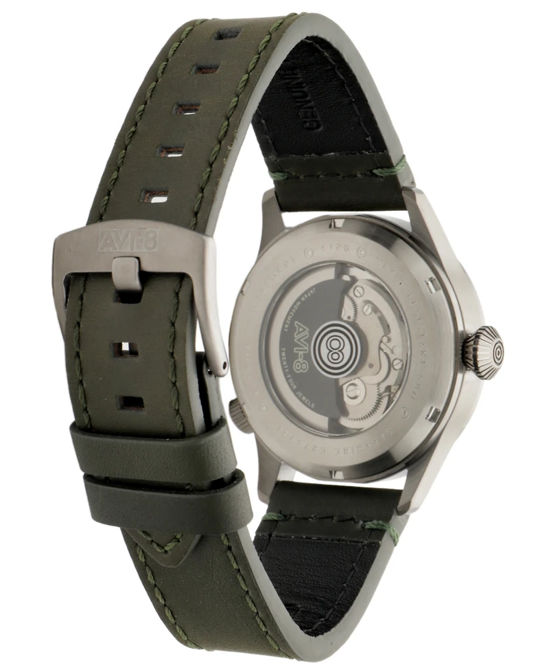 Avi-8 Men's Flyboy Wingman Worldtimer Gmt Automatic Green Leather Strap Watch, 41mm