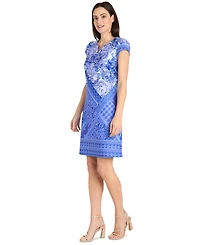 R & M Richards Petite Printed Split-Neck Cap-Sleeve Dress